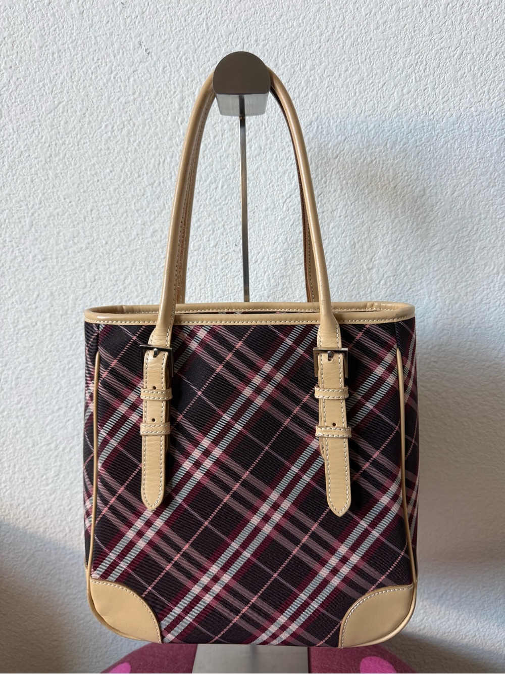 Classic Plaid Tote Bag in Burgundy and Beige